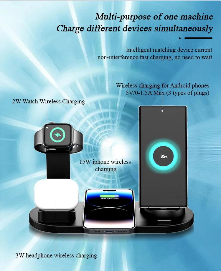 Premium 7-in-1 Wireless Charging Station for Apple iPhone, iOS & Android – Fast 30W Qi Charger Dock with USB-C, AirPods & Apple Watch Support, Multiple Device Charging, Overcharge Protection, Smart Charging Indicator