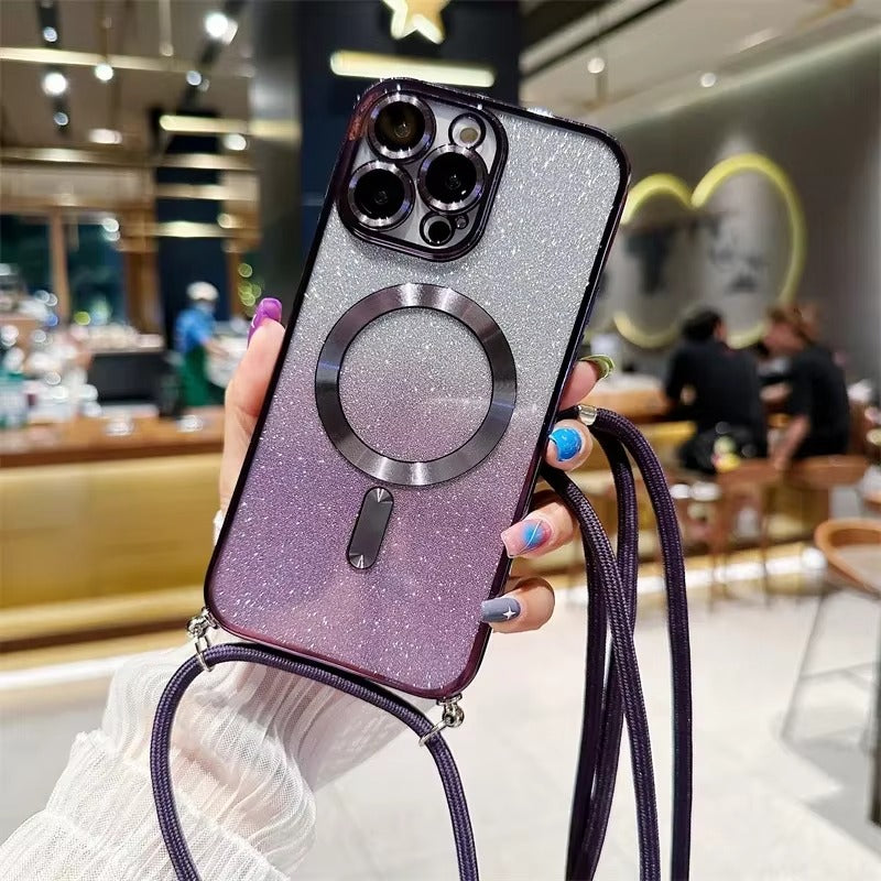 Luxury Apple iPhone Case, MagSafe Compatible, Camera Lens & Screen Protection, Ultra Thin, Shockproof, Magnetic Full All Around Cover – Glitter Crossbody Plating TPU Soft Back Case