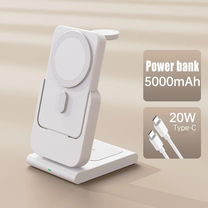 Hochwertige magnetische kabellose 3-in-1-Ladestation und tragbare Powerbank – Schnellladegerät für iPhone, Apple Watch und AirPods mit abnehmbarem Design 