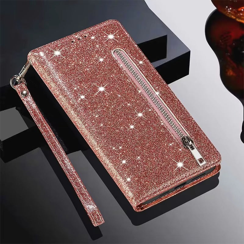 Luxury Apple iPhone Case, MagSafe Compatible, Camera Lens and Screen Protection, Ultra Thin, Shockproof, Magnetic, Full All Around Protection, Glitter Zipper Wallet Cover
