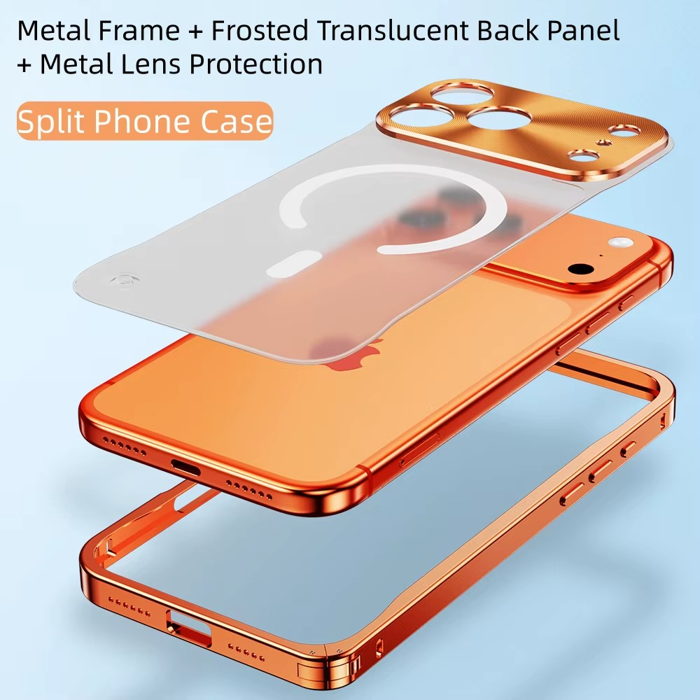 Premium Aluminum Alloy Frame iPhone Case – MagSafe Compatible Magnetic Bumper with Shockproof Protection, Matte Transparent Back and Camera Lens Guard