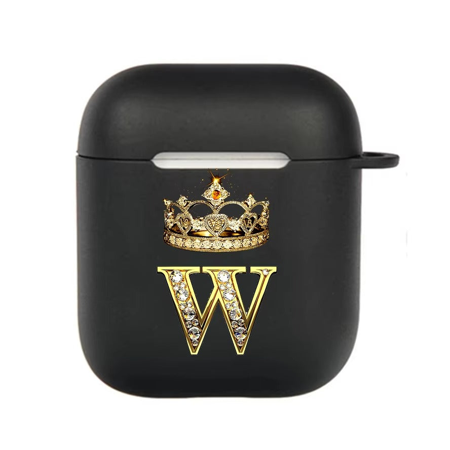 Luxury Diamond Letter AirPods Case with Hook – Black TPU Protective Cover for AirPods Pro 2, Pro, 3, 1/2, A–Z Initial Design, Scratch-Resistant, Easy Access Charging
