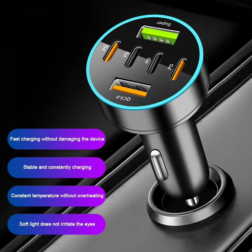 Premium 250W USB Car Charger with Digital Display – 6-Port Fast Charging PD QC3.0 Type-C Adapter, Intelligent Protection, Quick Charge