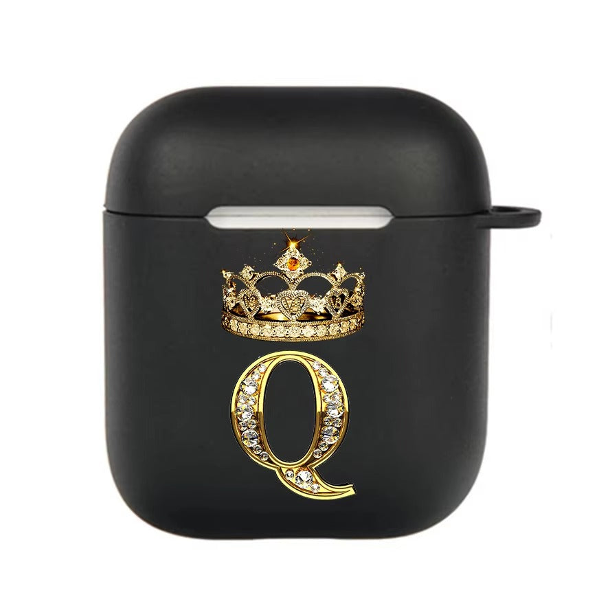 Luxury Diamond Letter AirPods Case with Hook – Black TPU Protective Cover for AirPods Pro 2, Pro, 3, 1/2, A–Z Initial Design, Scratch-Resistant, Easy Access Charging