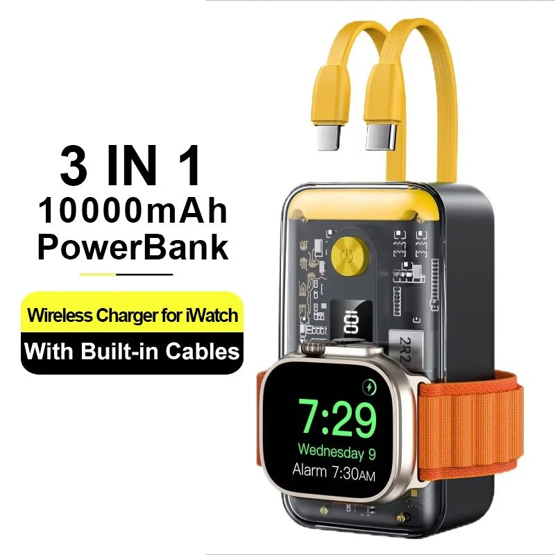 Premium, 10000mAh Wireless Power Bank with Built-in Cable – PD 20W Fast Charging Battery Source for Apple Watch S1–S9, iPad Air