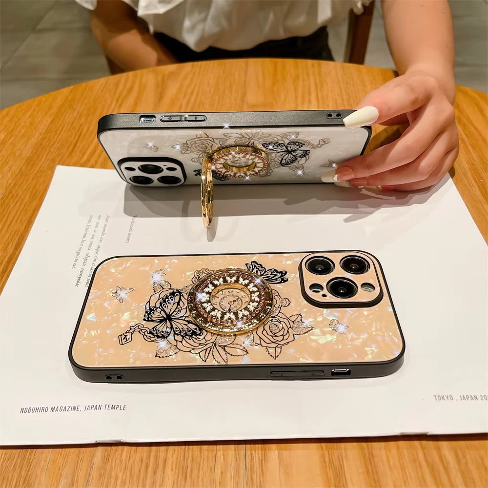 Luxury Apple iPhone Case, MagSafe Compatible, Camera Lens & Screen Protection, Ultra Thin, Shockproof, Magnetic Full All Around Cover – Butterfly Flower Pattern Silicone Case with Diamond Ring Holder & Hard Back Protection