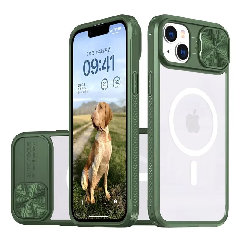 Premium Apple iPhone Case MagSafe Compatible, Camera Lens & Screen Protection,  Cover with Slide Lens & Clear Acrylic Back