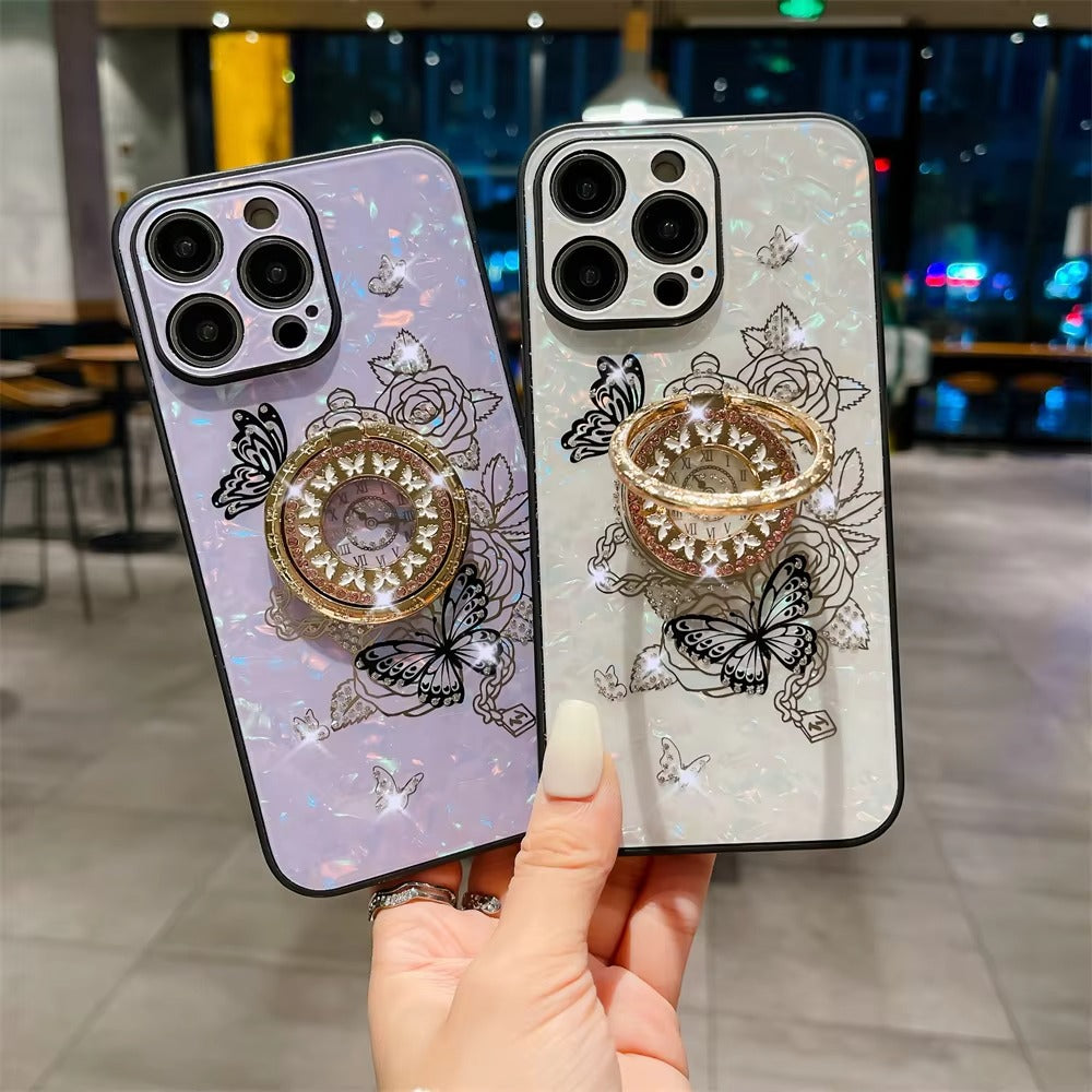 Luxury Apple iPhone Case, MagSafe Compatible, Camera Lens & Screen Protection, Ultra Thin, Shockproof, Magnetic Full All Around Cover – Butterfly Flower Pattern Silicone Case with Diamond Ring Holder & Hard Back Protection