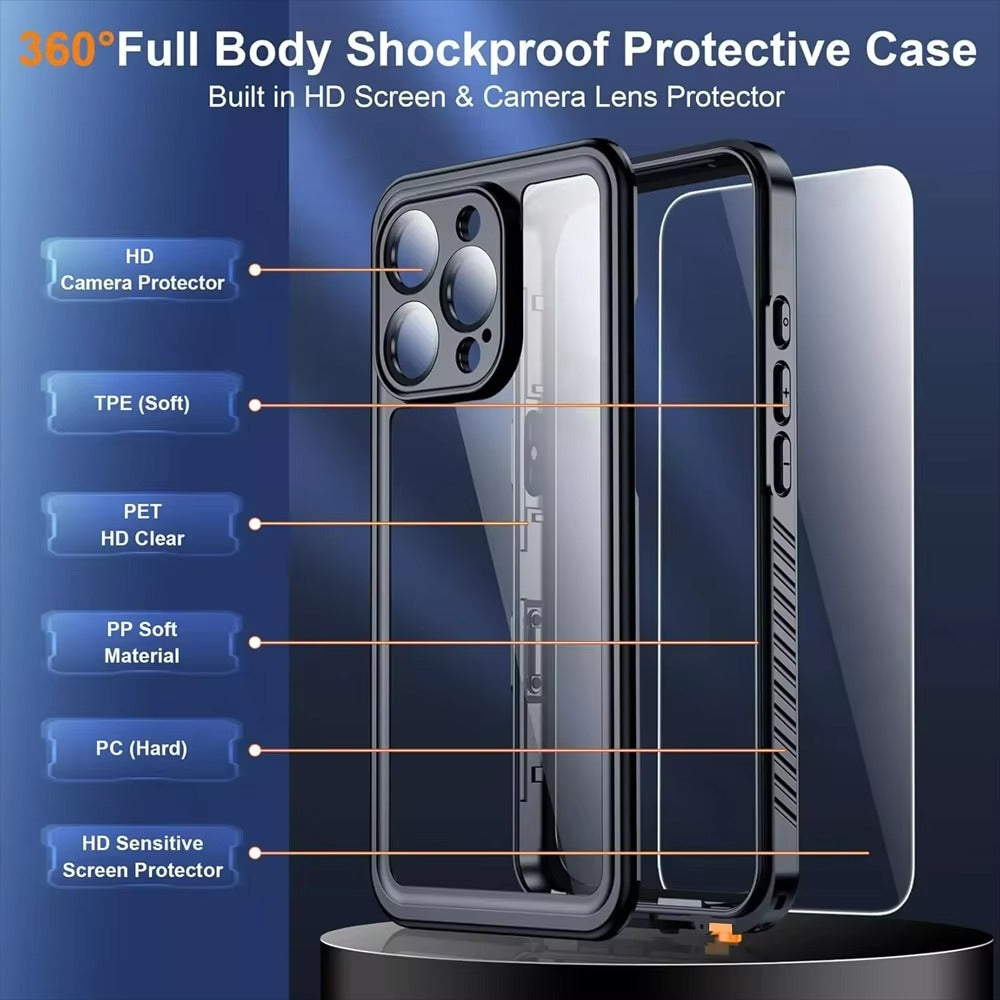 Luxury Apple iPhone Case MagSafe Compatible, Camera Lens & Screen Protection, Ultra Thin Shockproof Magnetic Full All Around Protection Cover with IP68 Metal Underwater Design
