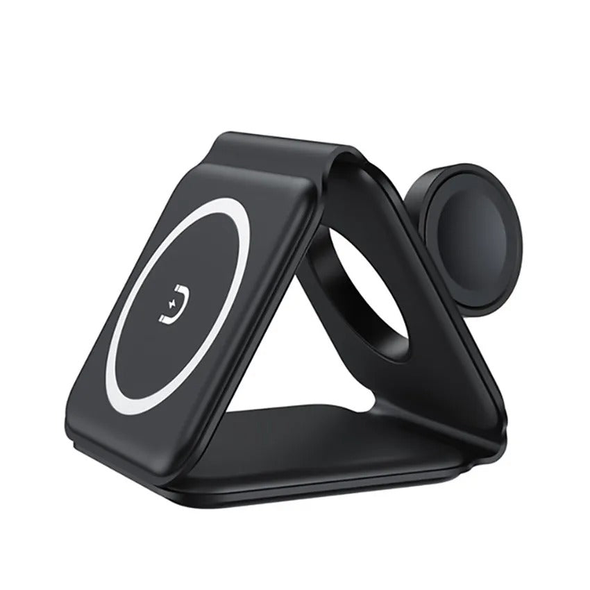 Premium 3 in 1 Magnetic Wireless Charger Pad – Portable Fast Charging Dock for iPhone, Apple Watch, AirPods with Foldable Stand, Type-C, 15W Output