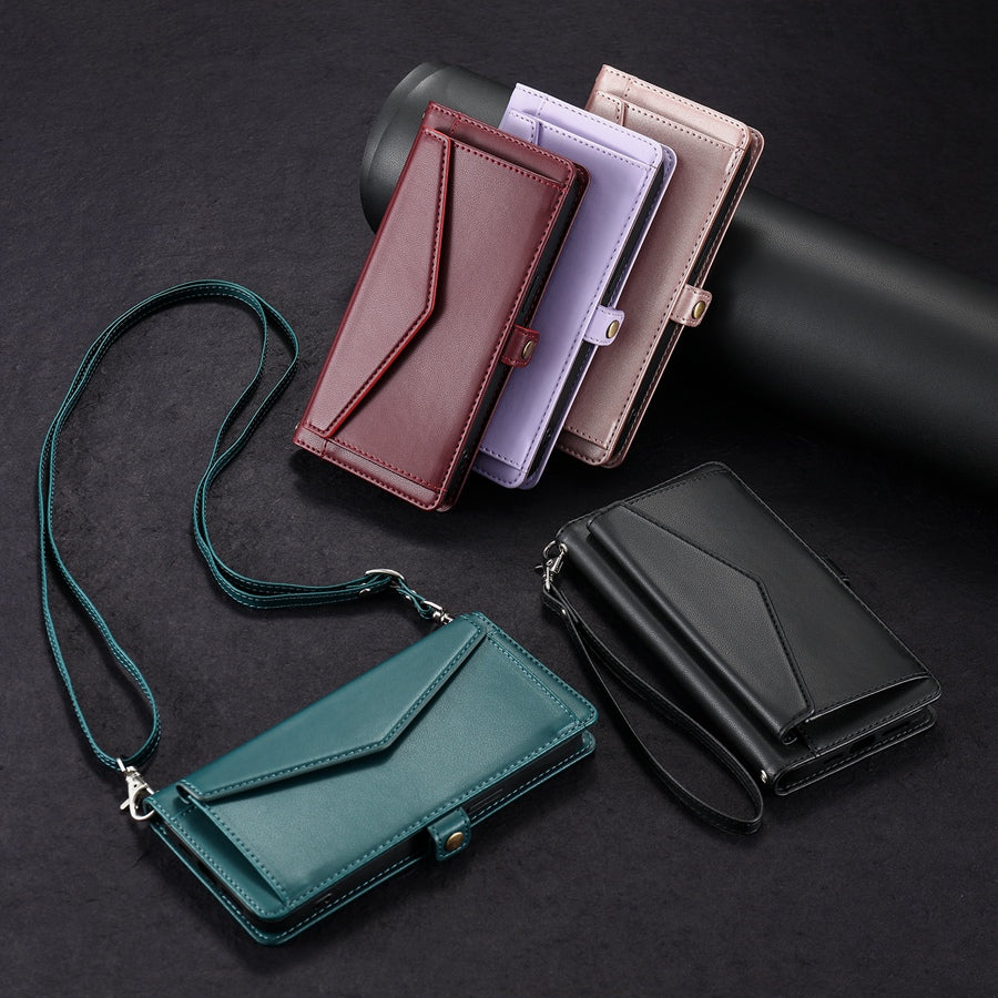 Luxury Dual-Layer Wallet iPhone Case – Flip Leather Cover with Card Slots, Photo Frame, 2 Lanyards, Shockproof Protection, and Stand Feature for iPhone