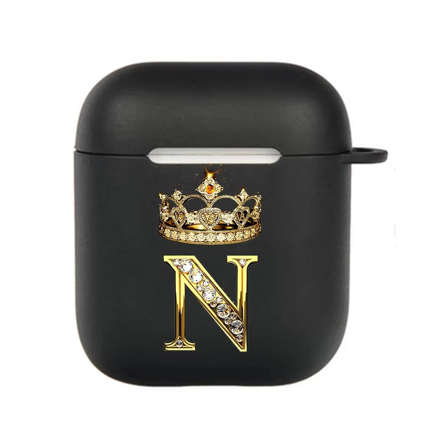 Luxury Diamond Letter AirPods Case with Hook – Black TPU Protective Cover for AirPods Pro 2, Pro, 3, 1/2, A–Z Initial Design, Scratch-Resistant, Easy Access Charging