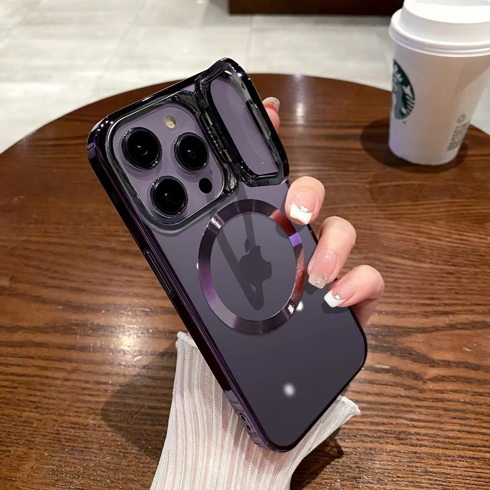 Luxury Apple iPhone Case Ultra Thin Shockproof Magnetic Full All Around Protection Cover with Transparent Plating Bracket