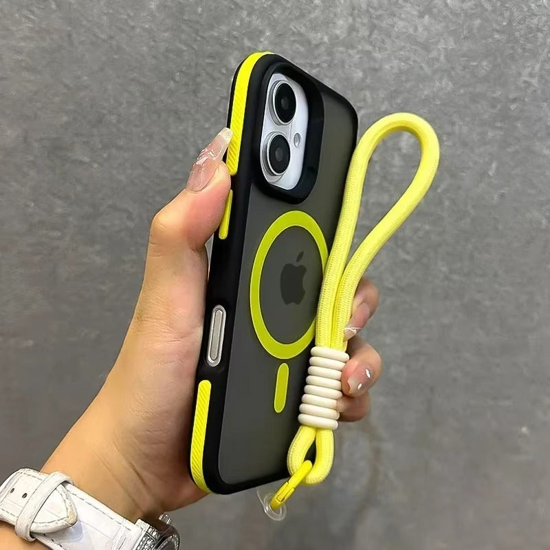 Luxury Apple iPhone Case  Ultra Thin Shockproof Magnetic Full All Around Protection Cover with Matte Stand & Wrist Strap