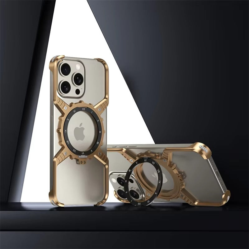Robust Apple iPhone Case, MagSafe Compatible, Camera Lens & Screen Protection, Ultra Thin, Shockproof, Magnetic Full All Around Cover – X-Shaped Gear Aluminum Case with 360° Stand & Noctilucent Frameless Design