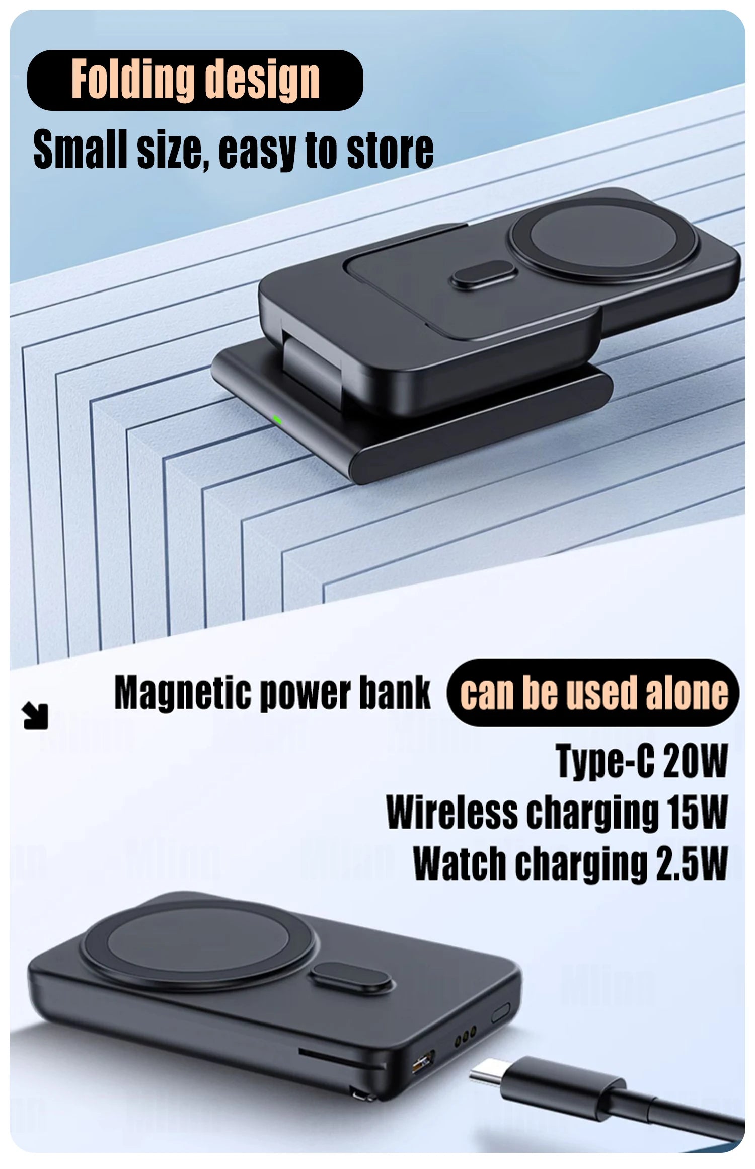 Hochwertige magnetische kabellose 3-in-1-Ladestation und tragbare Powerbank – Schnellladegerät für iPhone, Apple Watch und AirPods mit abnehmbarem Design 