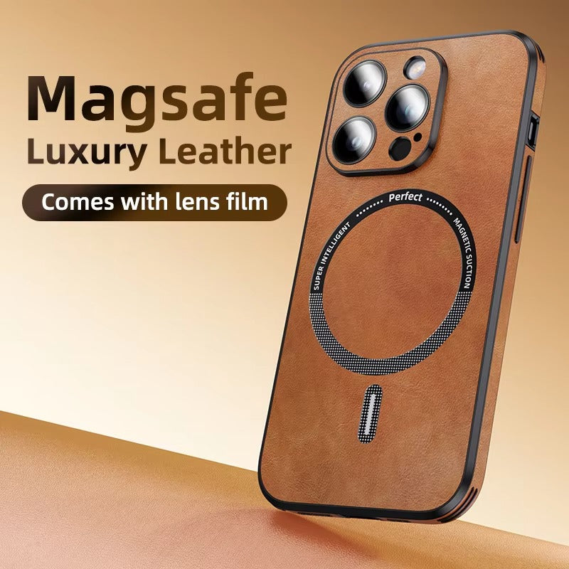 Premium MagSafe Leather iPhone Case with Magnetic Shockproof Design, Glass Lens Protector, Full Body Drop Defense, 