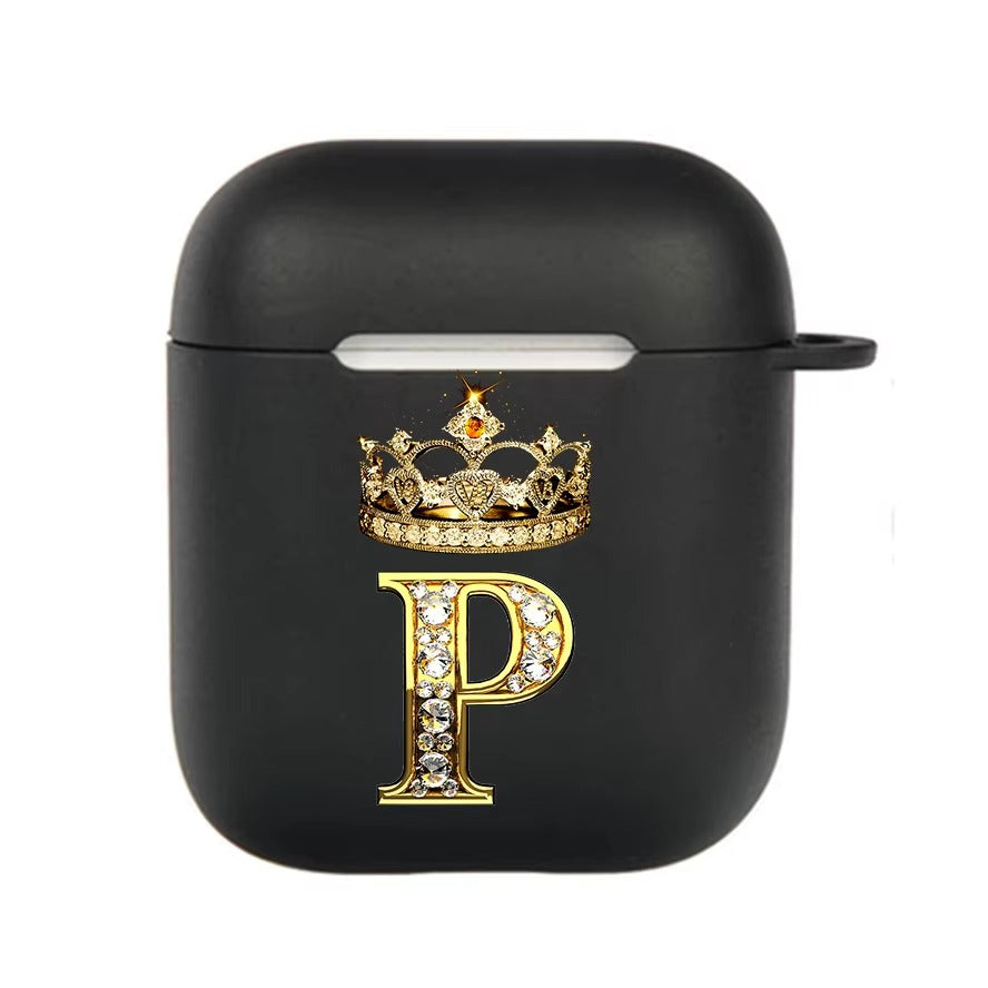 Luxury Diamond Letter AirPods Case with Hook – Black TPU Protective Cover for AirPods Pro 2, Pro, 3, 1/2, A–Z Initial Design, Scratch-Resistant, Easy Access Charging