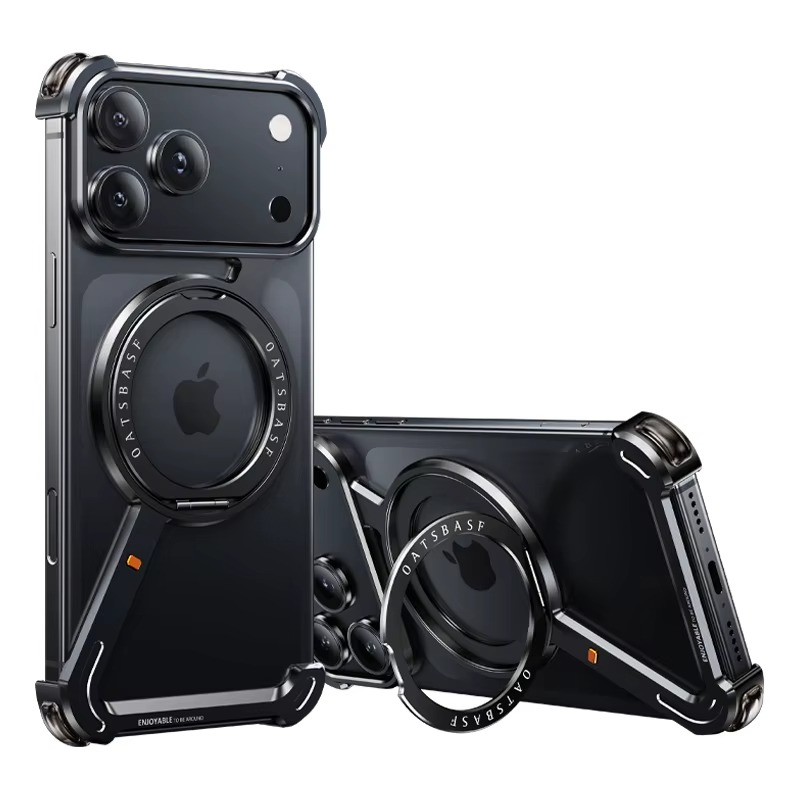 Premium Aluminum Magnetic iPhone Case – MagSafe Compatible Frameless Shockproof Protector with 360° Rotating Stand Ring and Camera Lens Guard