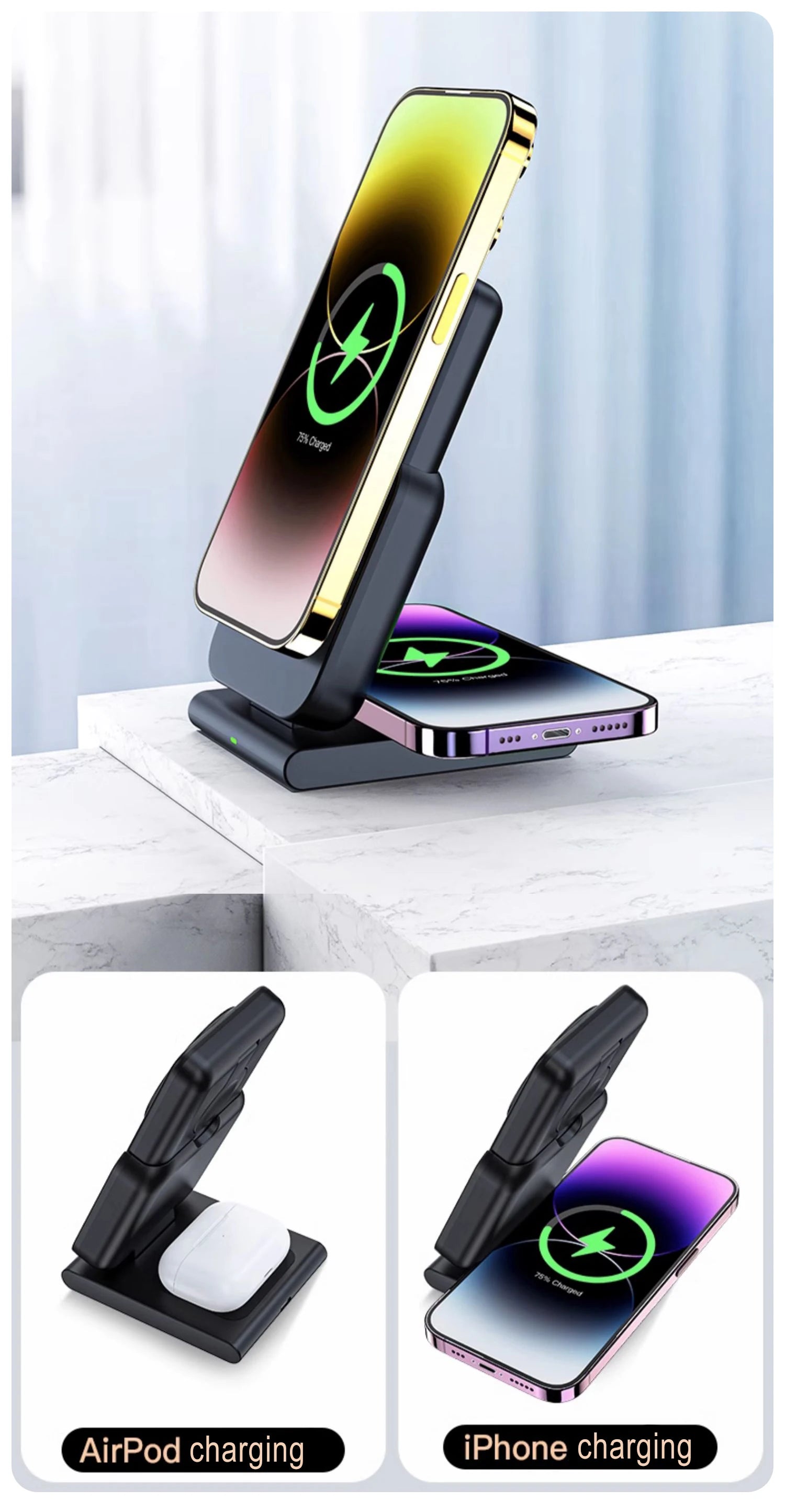 Hochwertige magnetische kabellose 3-in-1-Ladestation und tragbare Powerbank – Schnellladegerät für iPhone, Apple Watch und AirPods mit abnehmbarem Design 