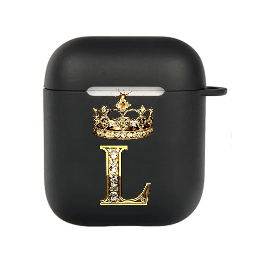 Luxury Diamond Letter AirPods Case with Hook – Black TPU Protective Cover for AirPods Pro 2, Pro, 3, 1/2, A–Z Initial Design, Scratch-Resistant, Easy Access Charging