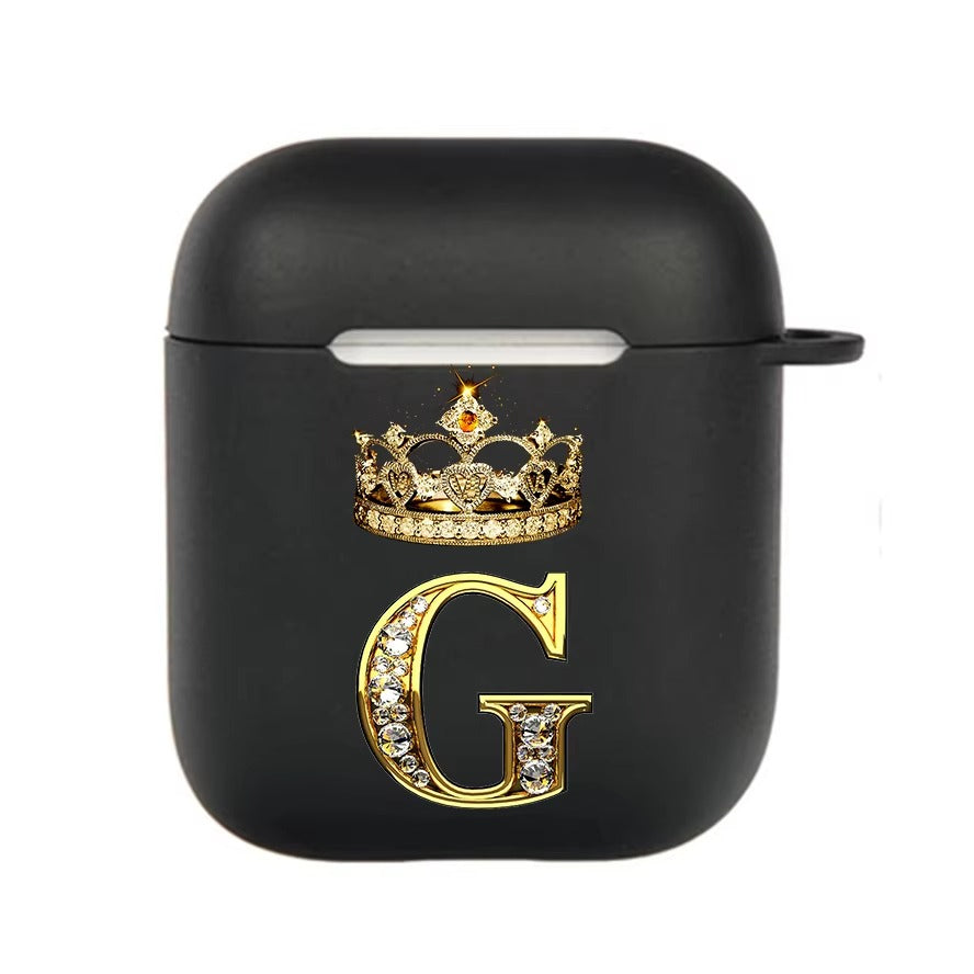 Luxury Diamond Letter AirPods Case with Hook – Black TPU Protective Cover for AirPods Pro 2, Pro, 3, 1/2, A–Z Initial Design, Scratch-Resistant, Easy Access Charging