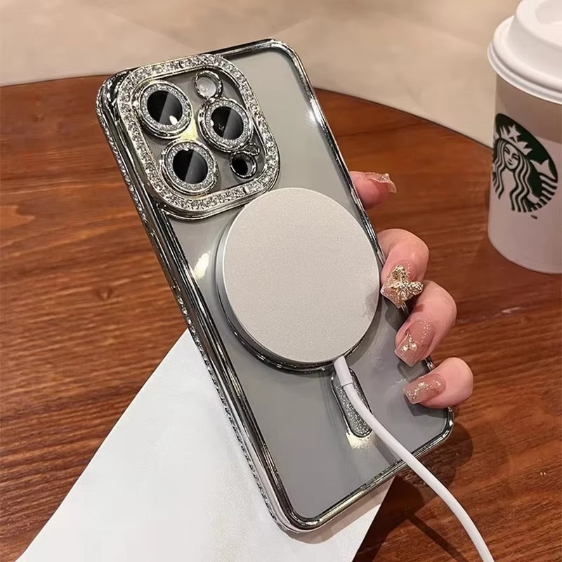 Luxury Apple iPhone Case, MagSafe Compatible, Camera Lens & Screen Protection, Ultra Thin, Shockproof, Magnetic Full All Around Cover – Glitter Diamond Transparent Case with Wireless Charging & Bumper Edge Design
