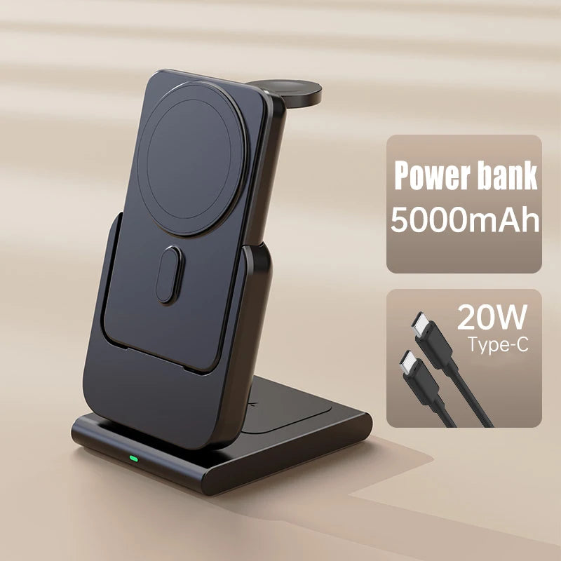 Hochwertige magnetische kabellose 3-in-1-Ladestation und tragbare Powerbank – Schnellladegerät für iPhone, Apple Watch und AirPods mit abnehmbarem Design 