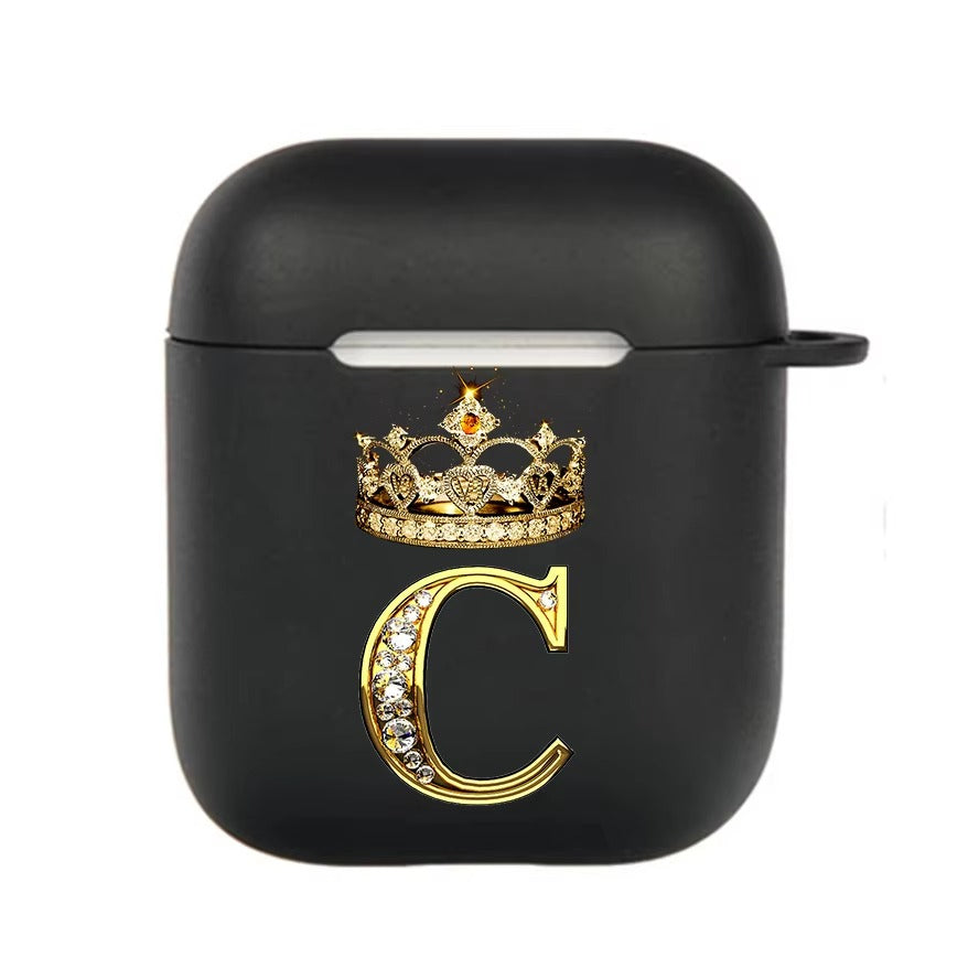 Luxury Diamond Letter AirPods Case with Hook – Black TPU Protective Cover for AirPods Pro 2, Pro, 3, 1/2, A–Z Initial Design, Scratch-Resistant, Easy Access Charging