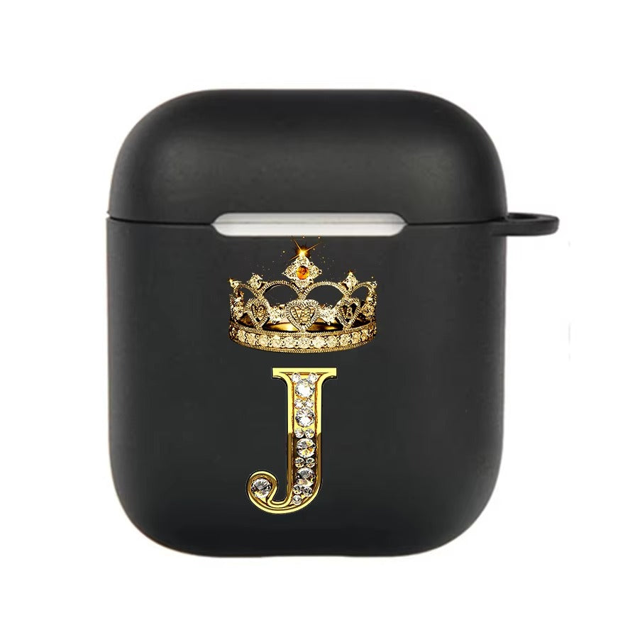 Luxury Diamond Letter AirPods Case with Hook – Black TPU Protective Cover for AirPods Pro 2, Pro, 3, 1/2, A–Z Initial Design, Scratch-Resistant, Easy Access Charging