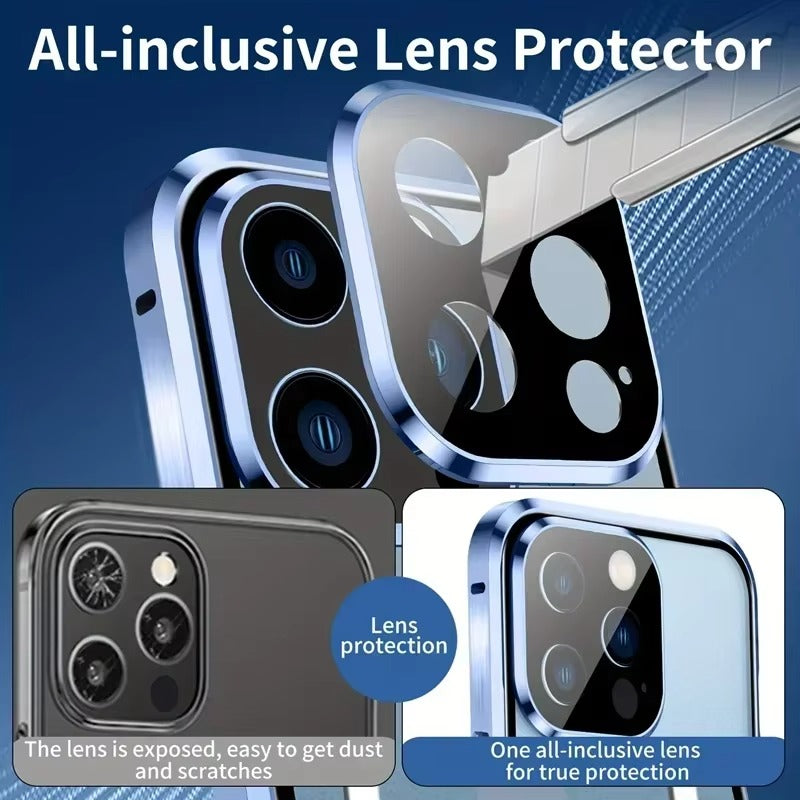 Premium Apple iPhone Case  Ultra Thin Shockproof Magnetic Full All Around Protection Cover with Metal Frame Glass Design