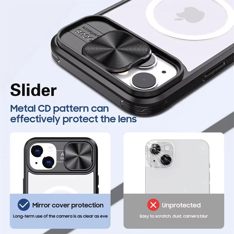 Premium Apple iPhone Case MagSafe Compatible, Camera Lens & Screen Protection,  Cover with Slide Lens & Clear Acrylic Back