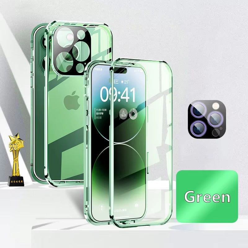 High Quality Apple iPhone Case MagSafe Compatible, Camera Lens & Screen Protection Cover with Double Glass Metal Buckle