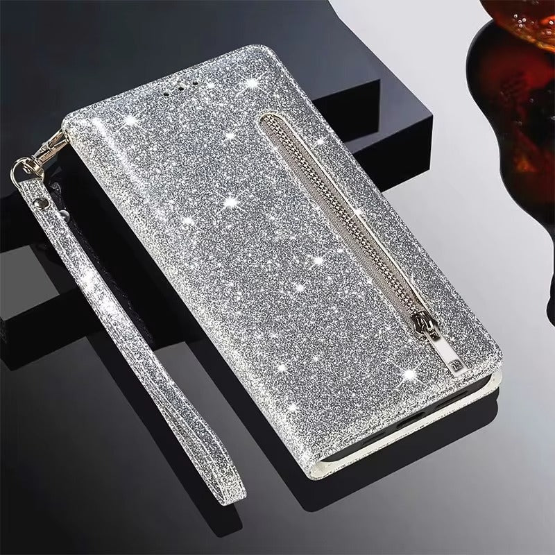 Luxury Apple iPhone Case, MagSafe Compatible, Camera Lens and Screen Protection, Ultra Thin, Shockproof, Magnetic, Full All Around Protection, Glitter Zipper Wallet Cover