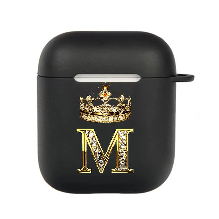 Luxury Diamond Letter AirPods Case with Hook – Black TPU Protective Cover for AirPods Pro 2, Pro, 3, 1/2, A–Z Initial Design, Scratch-Resistant, Easy Access Charging