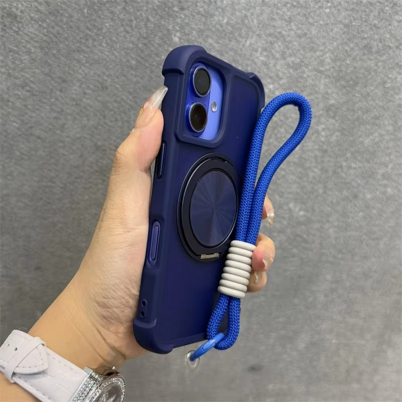 Premium Apple iPhone Case, MagSafe Compatible, Camera Lens & Screen Protection, Ultra Thin, Shockproof, Magnetic Full All Around Cover – 360° Rotating Stand Case with Airbag Corners & Wrist Strap