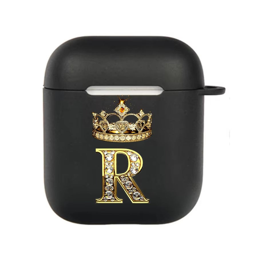 Luxury Diamond Letter AirPods Case with Hook – Black TPU Protective Cover for AirPods Pro 2, Pro, 3, 1/2, A–Z Initial Design, Scratch-Resistant, Easy Access Charging