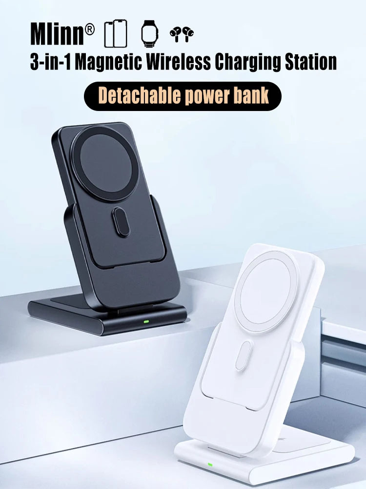 Hochwertige magnetische kabellose 3-in-1-Ladestation und tragbare Powerbank – Schnellladegerät für iPhone, Apple Watch und AirPods mit abnehmbarem Design 