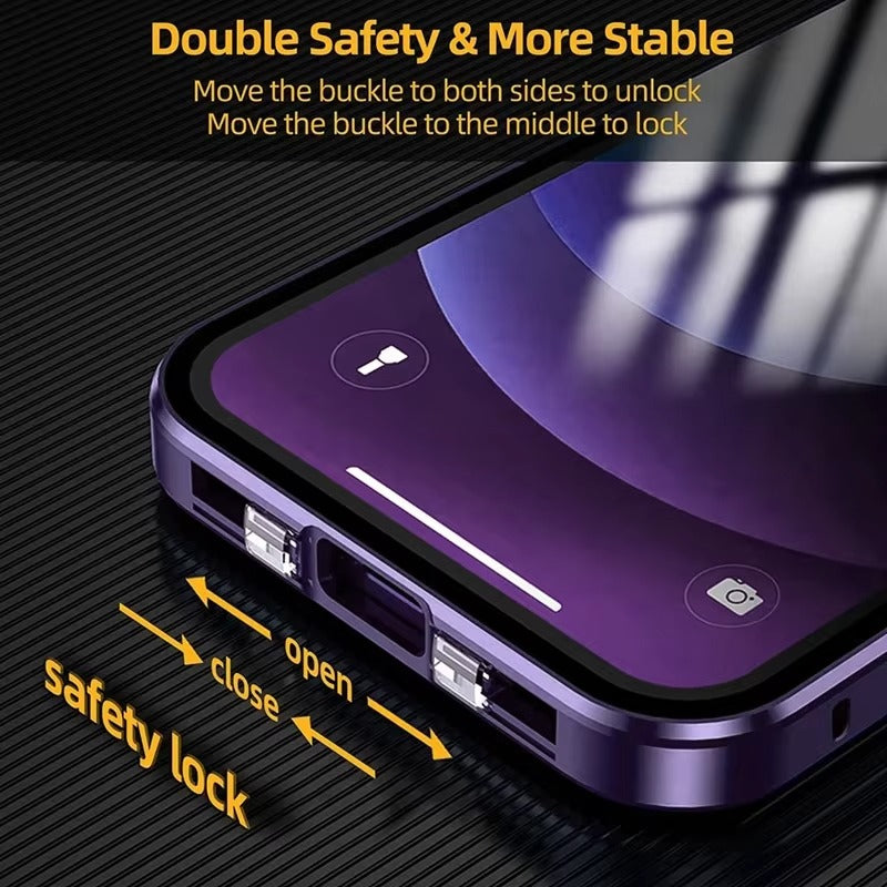 Luxury Apple iPhone Case MagSafe Compatible, Camera Lens & Screen Protection Cover with Double Glass Snap Lock Frame