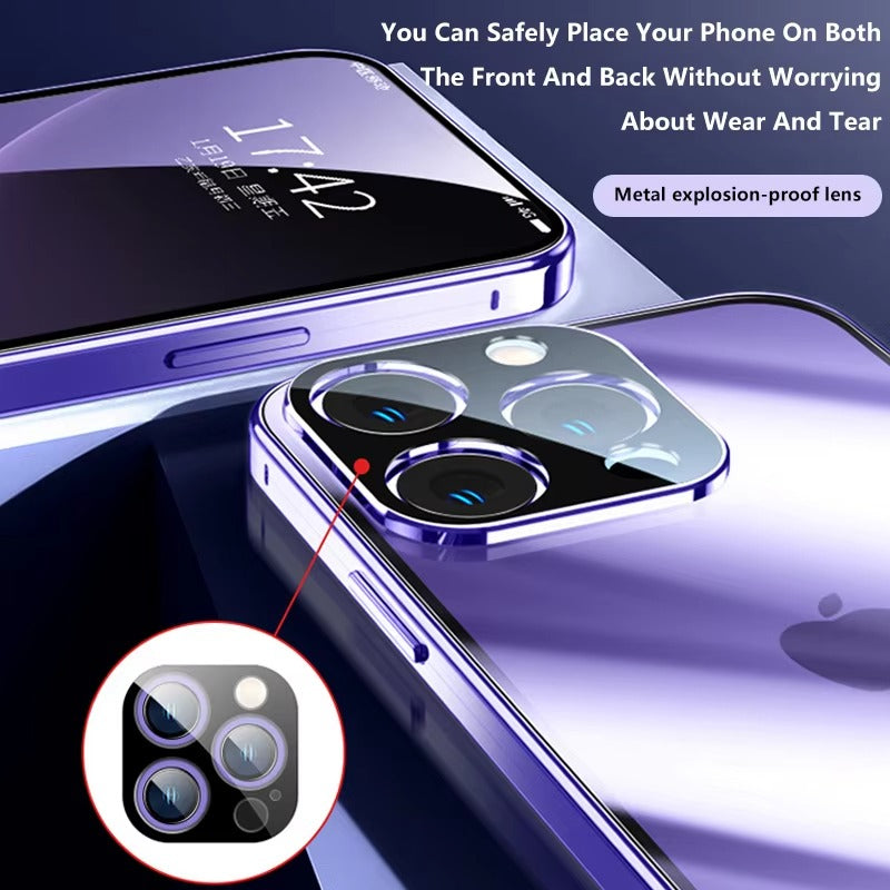 High Quality Apple iPhone Case MagSafe Compatible, Camera Lens & Screen Protection Cover with Double Glass Metal Buckle