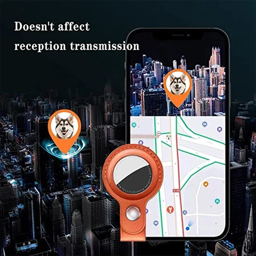Luxury Leather AirTag Keychain Holder – Anti-Scratch Pet Tracker Cover, Secure Snap Button, Stylish Protective Case for iOS, Key Ring Included