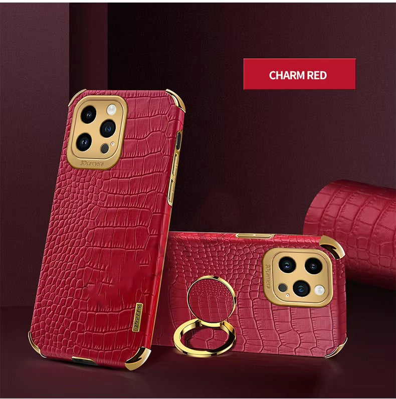Premium Apple iPhone Case MagSafe Compatible, Camera Lens & Screen Protection, Ultra Thin Shockproof Magnetic Full All Around Protection Cover with Crocodile Leather Ring Holder