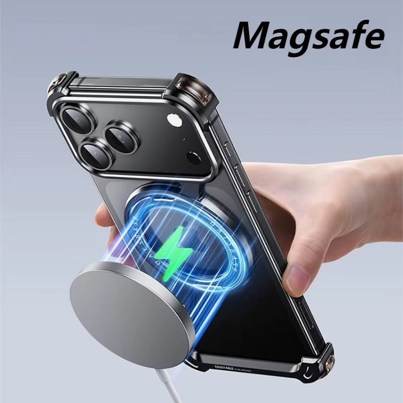 Premium Aluminum Magnetic iPhone Case – MagSafe Compatible Frameless Shockproof Protector with 360° Rotating Stand Ring and Camera Lens Guard