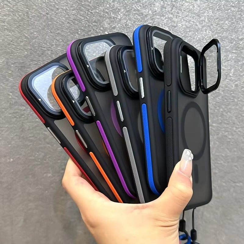 Luxury Apple iPhone Case  Ultra Thin Shockproof Magnetic Full All Around Protection Cover with Matte Stand & Wrist Strap