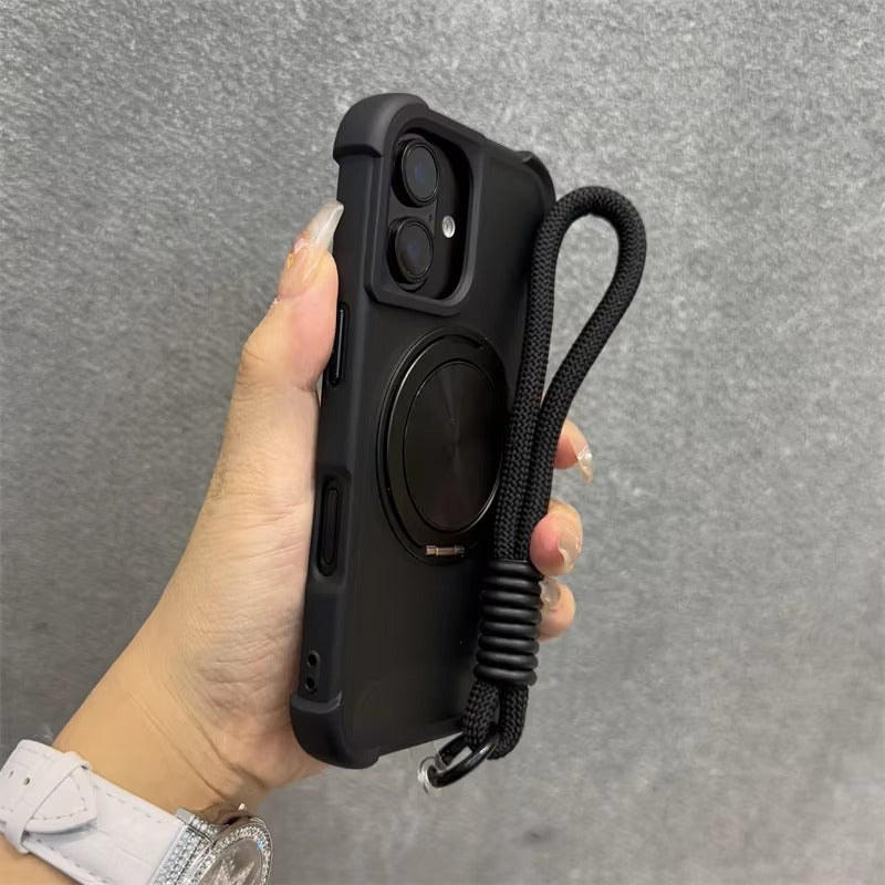 Premium Apple iPhone Case, MagSafe Compatible, Camera Lens & Screen Protection, Ultra Thin, Shockproof, Magnetic Full All Around Cover – 360° Rotating Stand Case with Airbag Corners & Wrist Strap