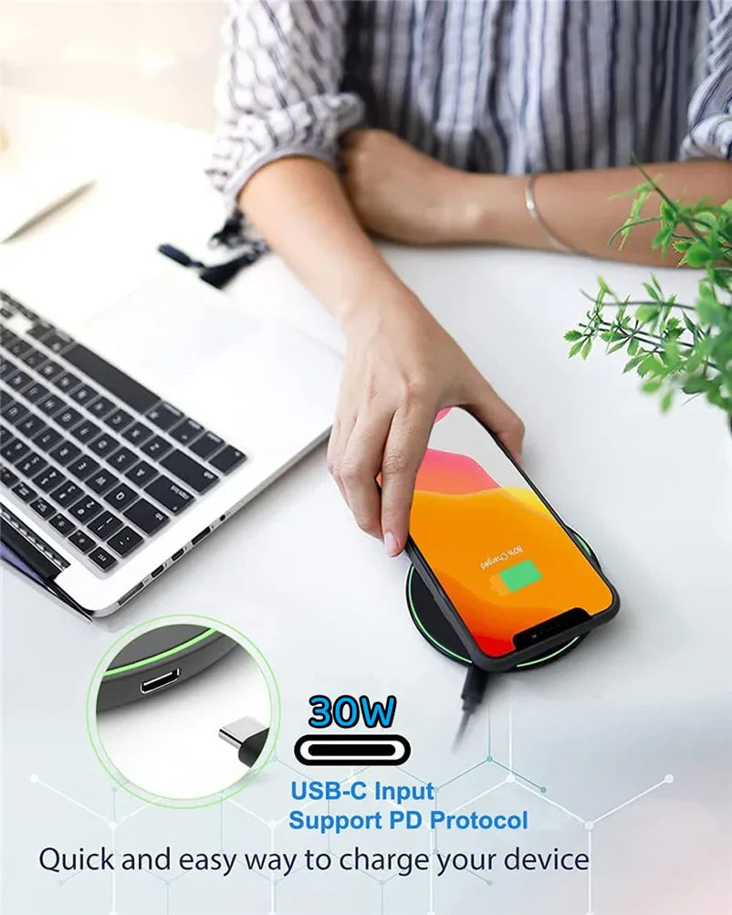 Premium 30W Wireless Charging Pad – Fast Induction Charger with Type C Connector, LED Indicator, Compatible with Apple iPhone, AirPods, iOS & Android Devices