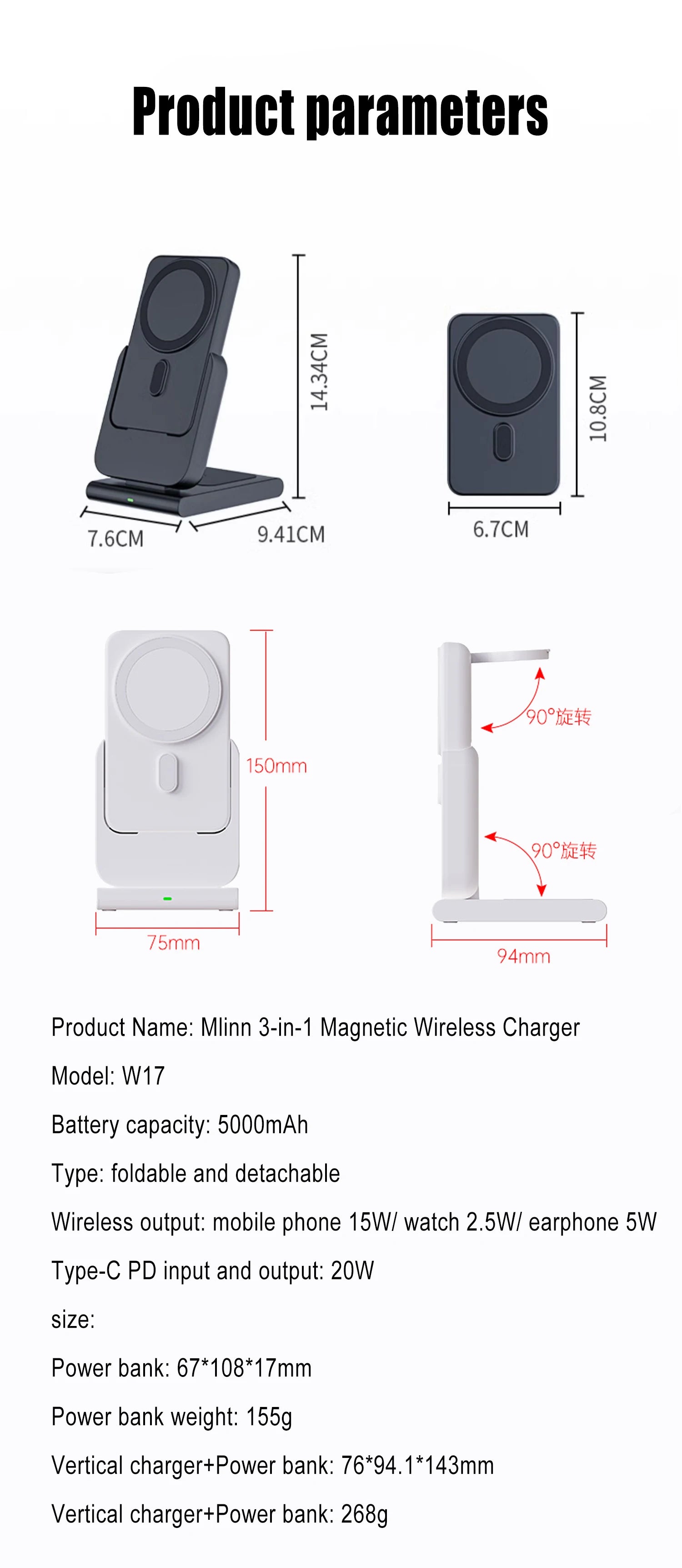 Hochwertige magnetische kabellose 3-in-1-Ladestation und tragbare Powerbank – Schnellladegerät für iPhone, Apple Watch und AirPods mit abnehmbarem Design 
