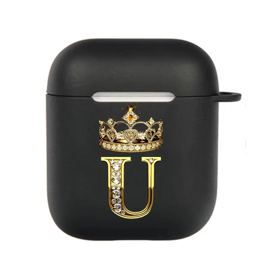 Luxury Diamond Letter AirPods Case with Hook – Black TPU Protective Cover for AirPods Pro 2, Pro, 3, 1/2, A–Z Initial Design, Scratch-Resistant, Easy Access Charging