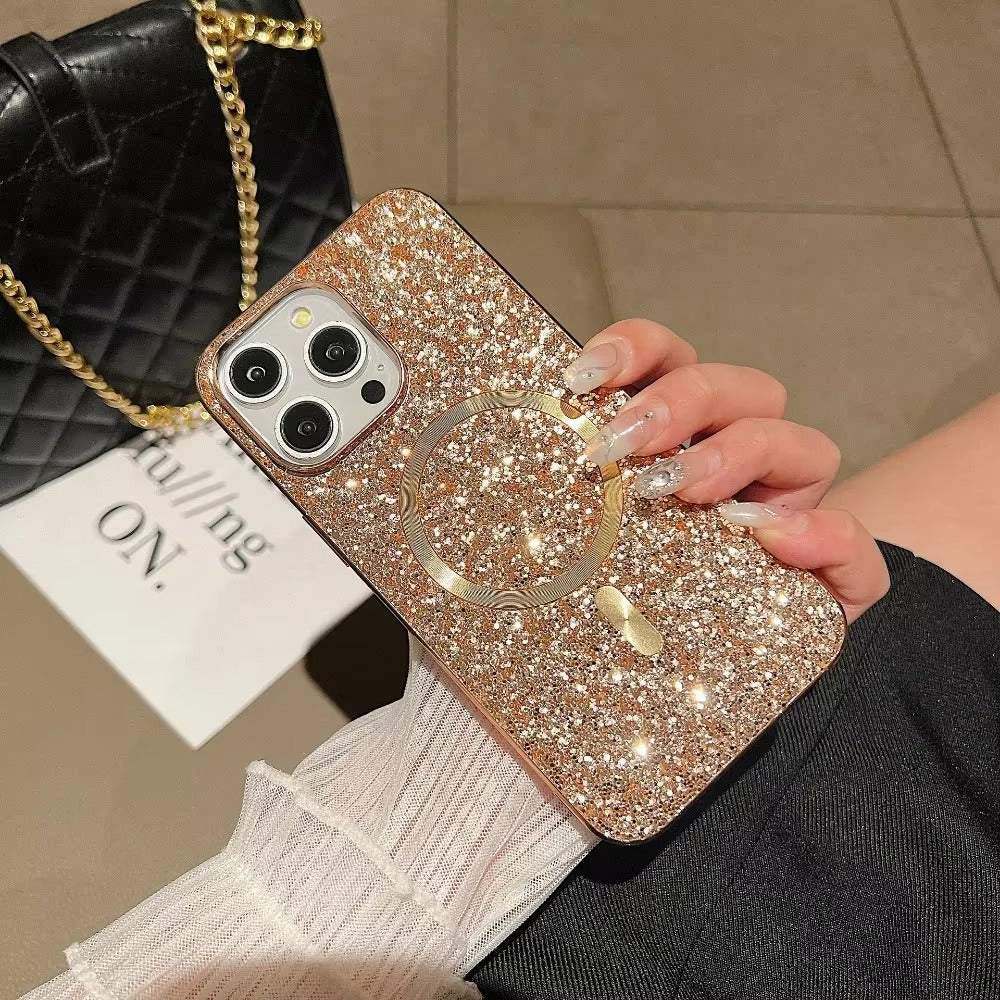 Luxury Apple iPhone Case, MagSafe Compatible, Camera Lens & Screen Protection, Ultra Thin, Shockproof, Magnetic Full All Around Cover – Bling Glitter Magnetic Case with Shockproof Protective Back for Stylish Appeal