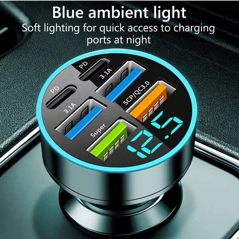 Premium 250W USB Car Charger with Digital Display – 6-Port Fast Charging PD QC3.0 Type-C Adapter, Intelligent Protection, Quick Charge